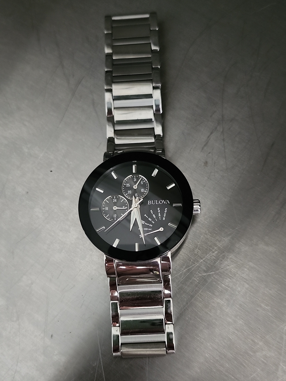 Bulova Silver and Black Chronograph Bracelet Watch
